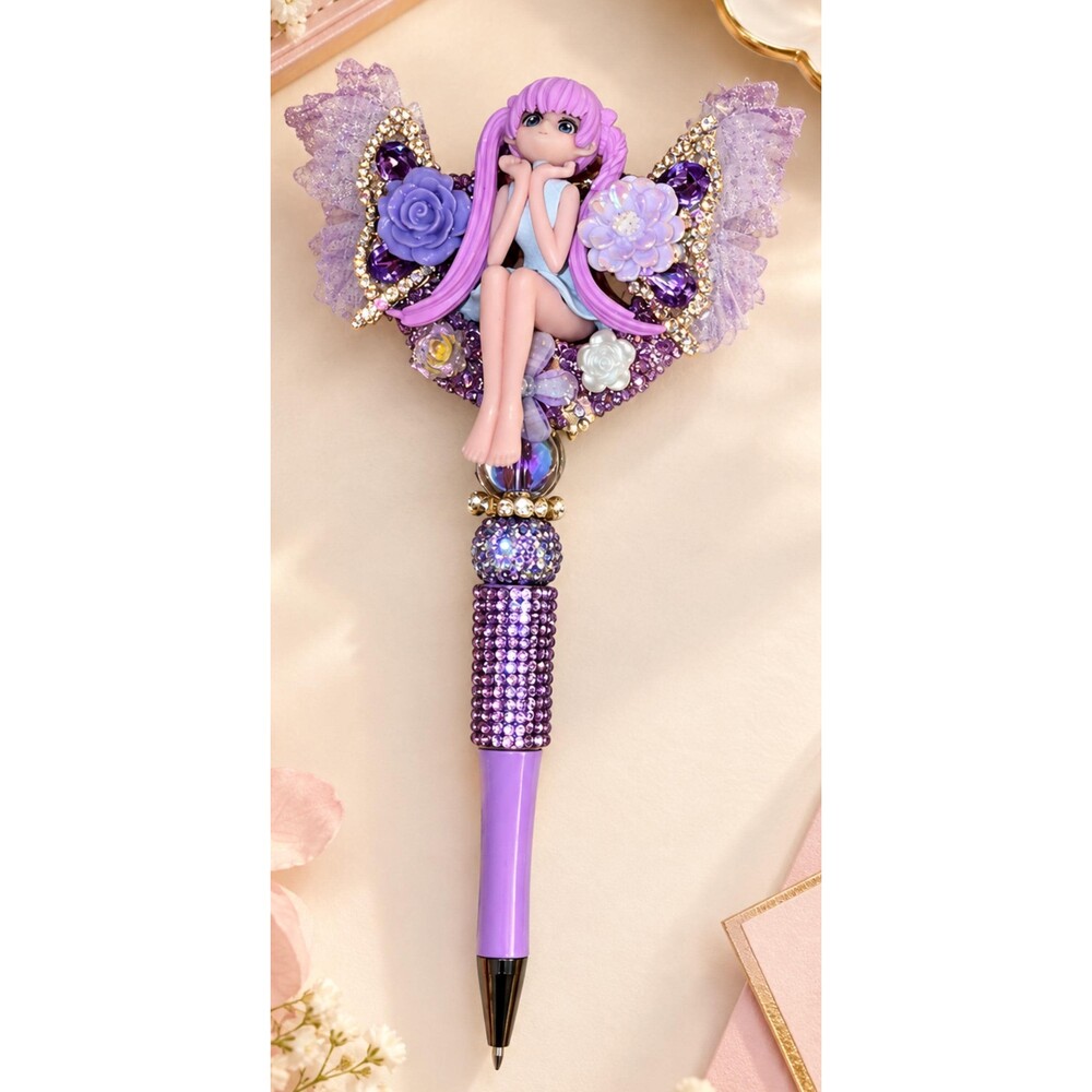 Lavender Anime Doll Beaded Pen, Purple Rhinestone Butterfly Wings Pen